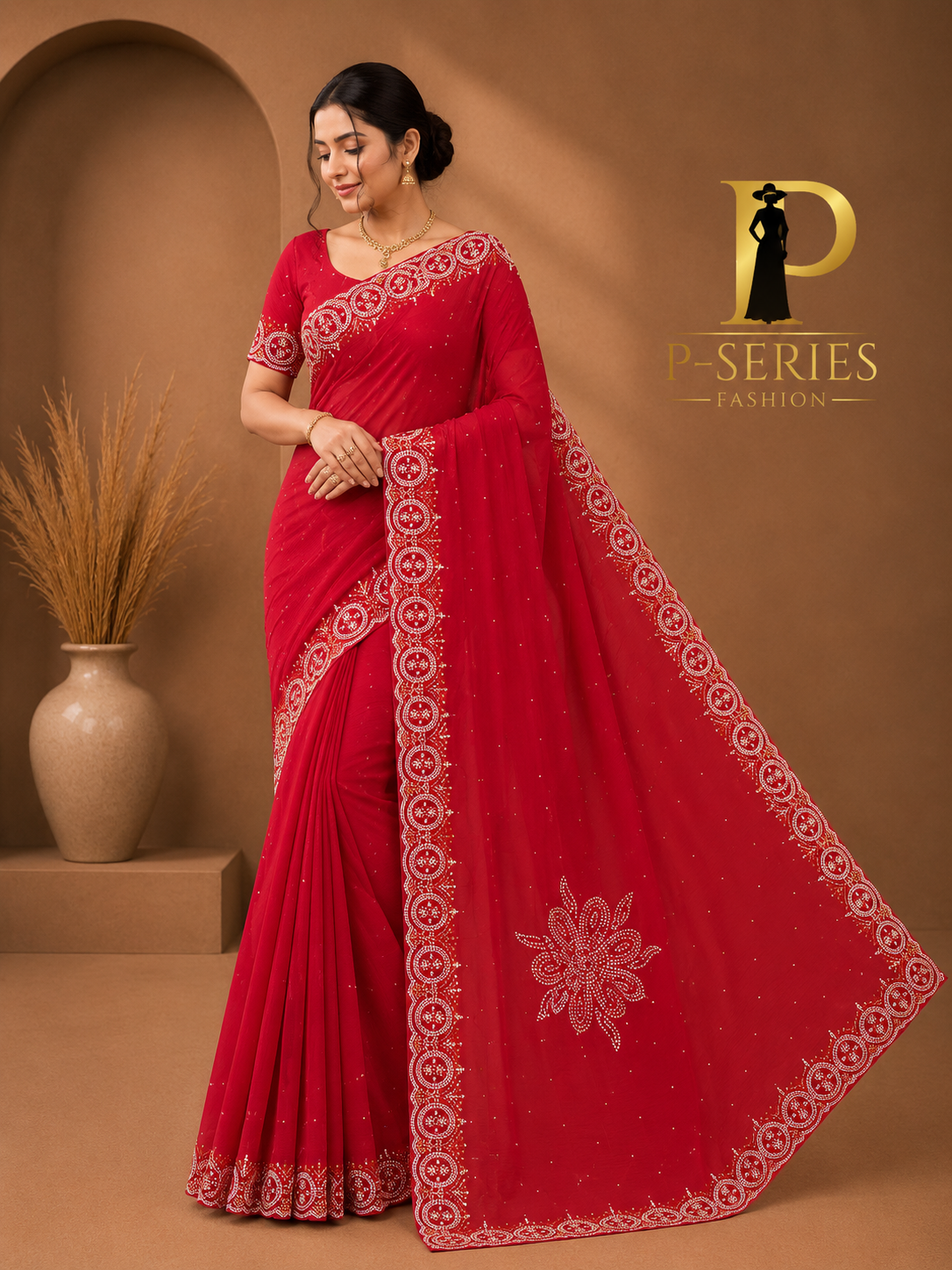 Ruby Red Premium Designer Stone Work Saree | Party Wear & Wedding Collection